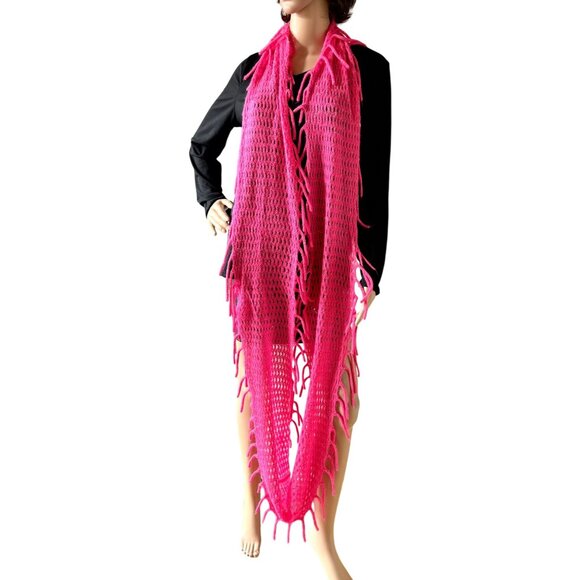 Hot Pink Infinity Scarf One Size Festival Knit Fringe Soft Metallic Thread - Picture 2 of 12